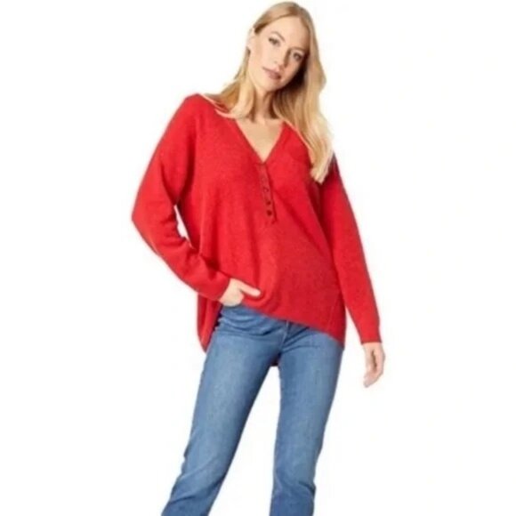 Madewell Wool Alpaca Blend Red Orange 3/4 Button Sweater Womens XS Waffle - Picture 1 of 13